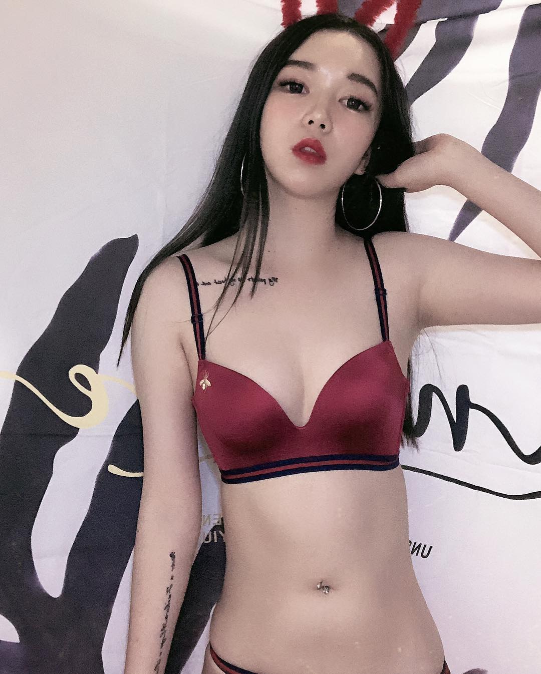 Cute Sexy Taiwanese Girl Olivia MD in Satin Red Lingerie Panties and Bra