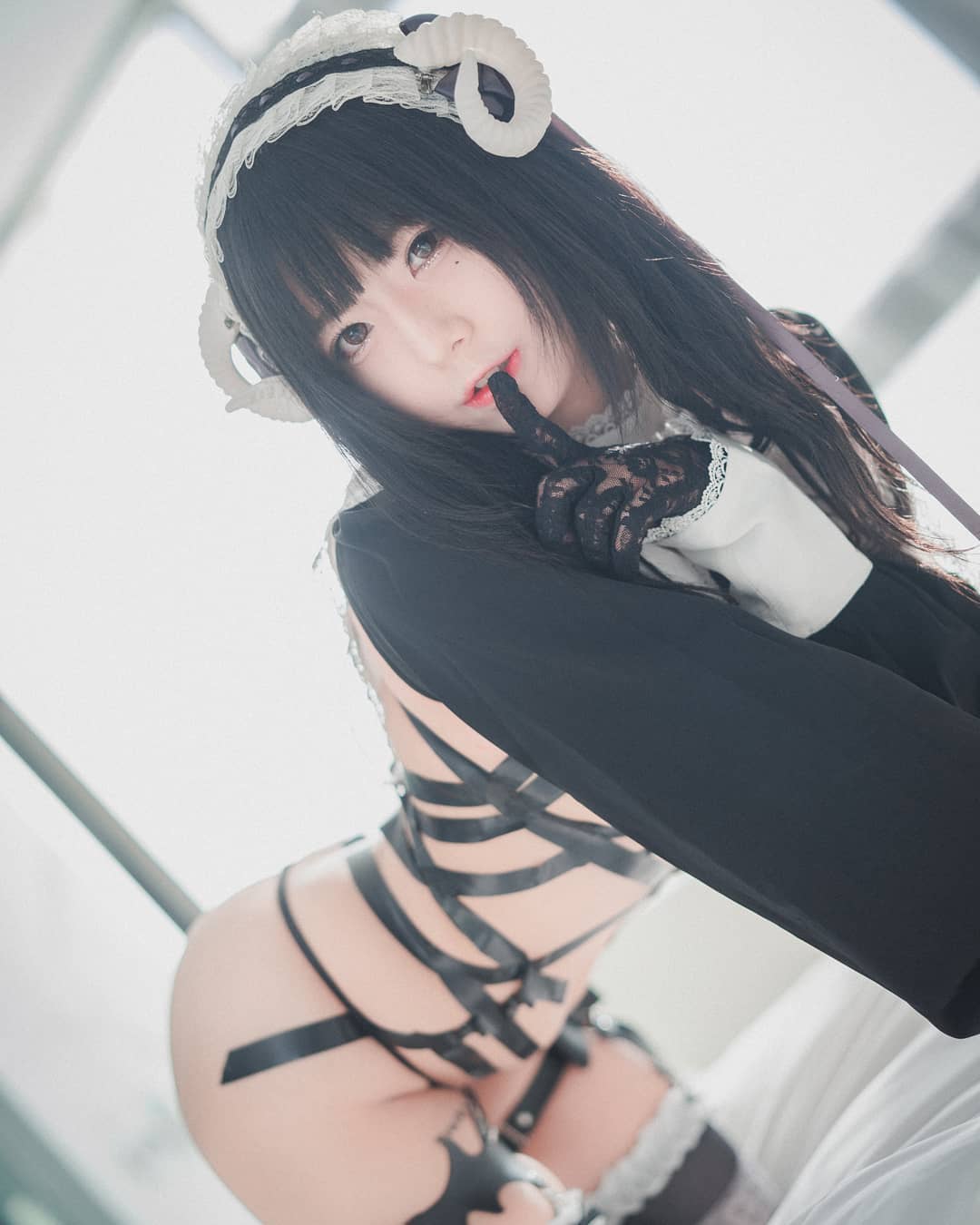 maruemon 96 hot korean twitch cosplay girl maid black tape sexy breasts tits ass thighs