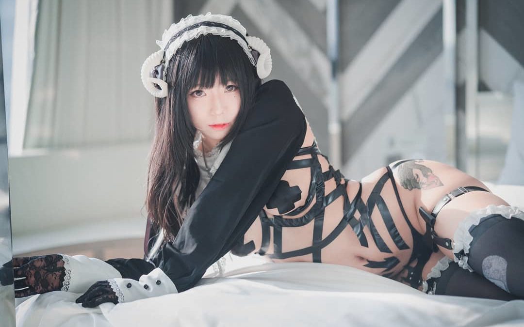 maruemon 96 hot korean twitch cosplay girl maid black tape sexy breasts tits ass thighs