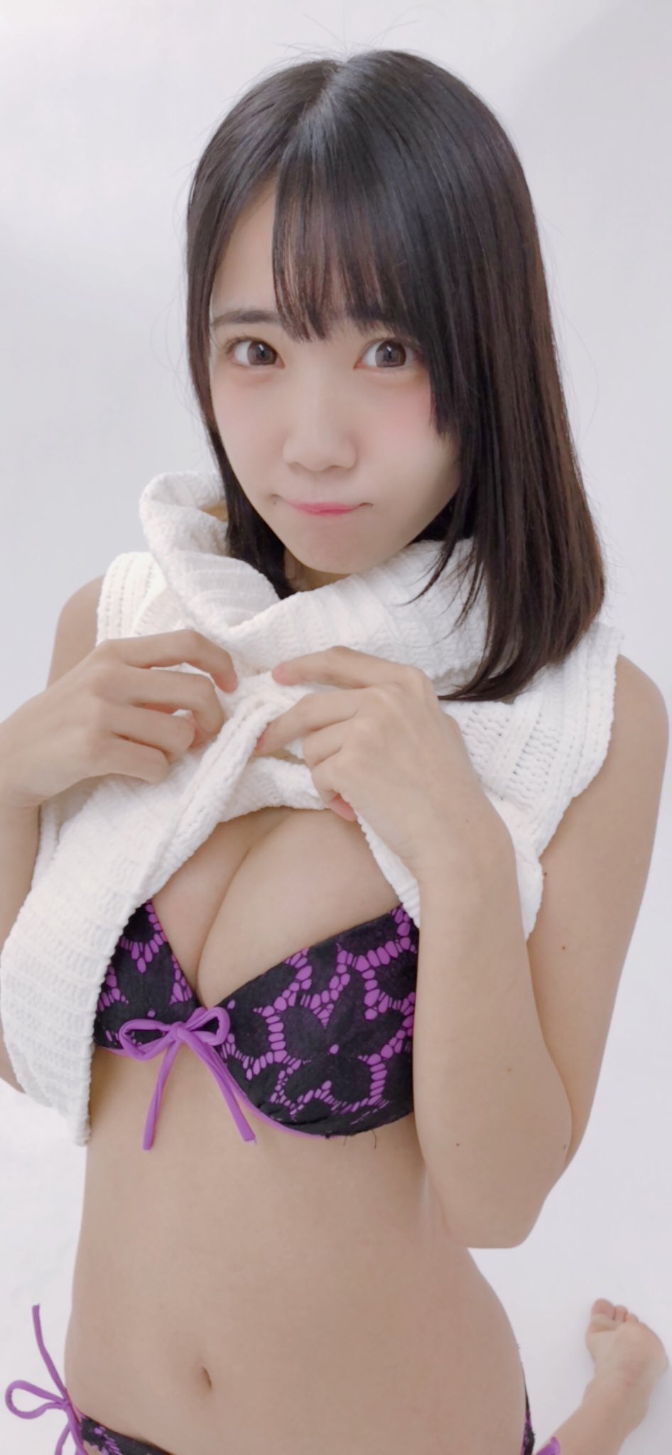 amau kisumi cute japanese idol petite girl purple bikini strip breasts tits ass